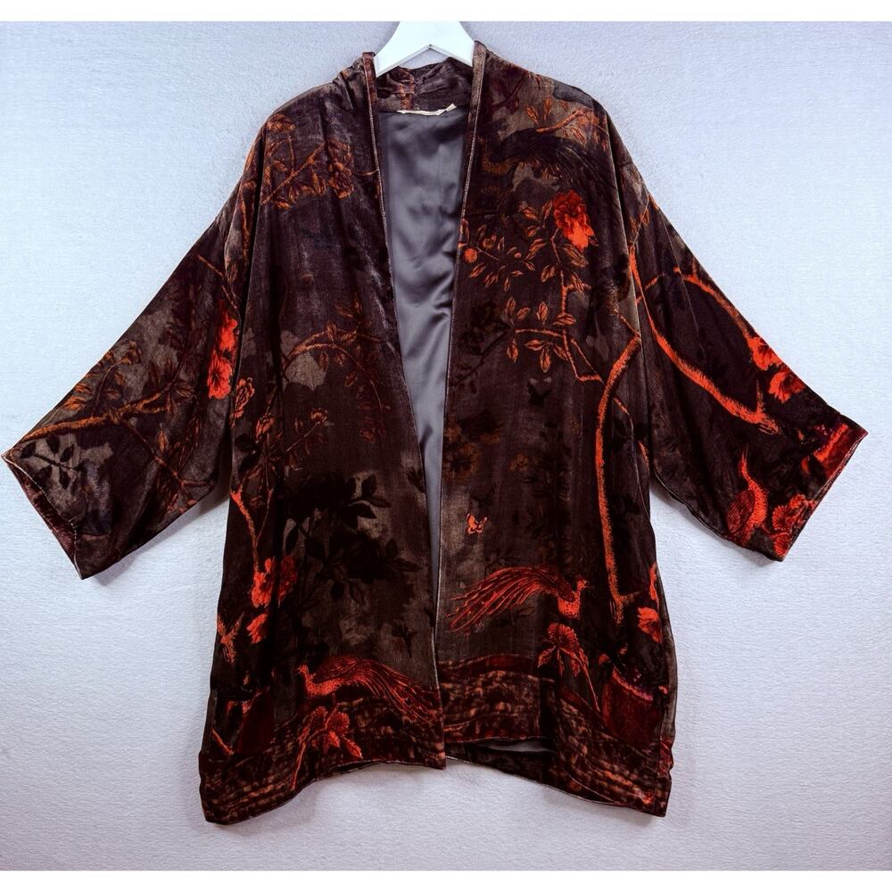 Soft Surroundings Velvet Silk Kimono Duster‎ Womens Sz 2x Asian Bird Artsy Boho